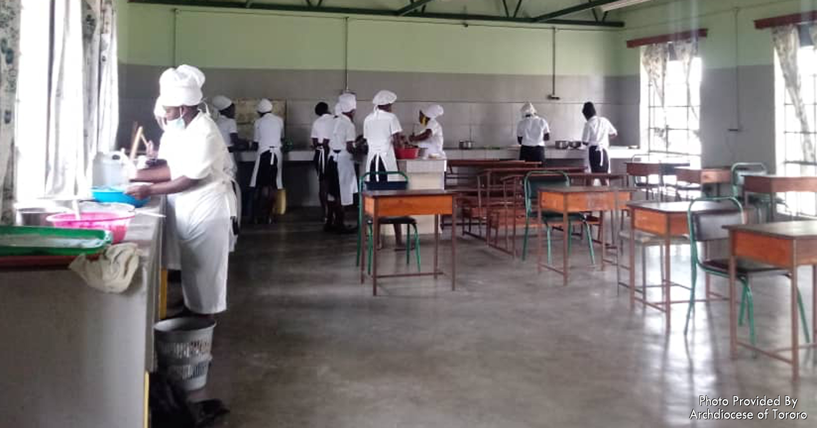 Baking is an essential skill for these catering students to learn. Here they are getting ready by preparing the ingredients they will need.