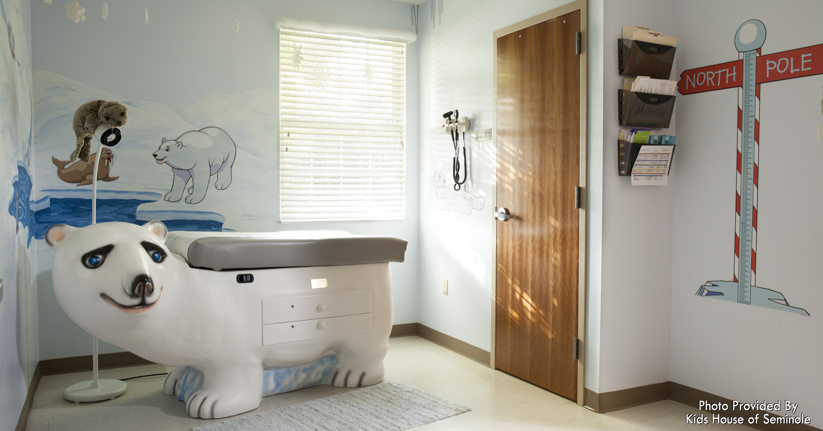 One of two child-friendly exam rooms to help put children to ease while they are treated by the medical staff. The room allow for medical exams to be conducted for signs of abuse, whether physical or sexual.